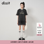 DZZIT地素網(wǎng)紗t恤連衣裙春秋甜酷少女網(wǎng)紗木耳邊印花女 黑色 XS