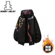 BOBBY ABLEY秋冬季高街美式印花加絨加厚連帽開(kāi)衫學(xué)院風(fēng)外套衛衣 【升級加絨款】W5023 黑色 M  【建議80-100斤】