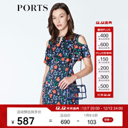 PORTS寶姿商場(chǎng)同款新品女裝優(yōu)雅紅花藍屋露肩連衣裙LN8D131HPT037 丈青印花 L (8)
