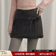 UNIFREE毛呢半身裙復古蝴蝶結系帶設計顯瘦百搭花邊包臀短裙 深灰色 L