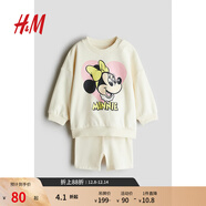H&M【迪士尼系列】童裝女?huà)?件式25秋季衛衣短褲米妮套裝1273594 奶油色/米妮老鼠 90 90/52 (1.5-2Y)
