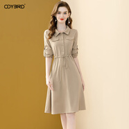 歐迪鳥(niǎo)（ODYBIRD）氣質(zhì)純色襯衫連衣裙女2025秋季新款翻領(lǐng)長(cháng)袖修身顯瘦中長(cháng)裙子 卡其色 L