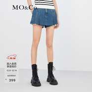 MO&Co.A字立體壓褶做舊須邊高腰棉質(zhì)牛仔不對稱(chēng)短褲裙褲褲子摩安珂 牛仔藍色 M 27