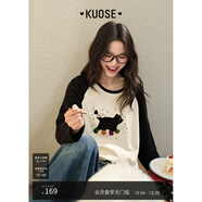 闊色（kuose）立體小貓刺繡長(cháng)袖純棉T恤女2025春季新款白色打底衫上衣黑秋 拼色 M