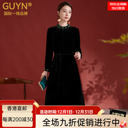 GUYN國際一線(xiàn)品牌黑色真絲絲絨連衣裙女中長(cháng)款秋新款手工釘珠小立領(lǐng)修 黑色 XL