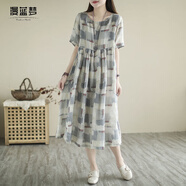 漫藍夢(mèng)折扣店商場(chǎng)撤柜女裝尾貨寬松大碼復古文藝印花遮肉中長(cháng)款裙子 灰色 氣質(zhì)款 L 【建議110-130斤】