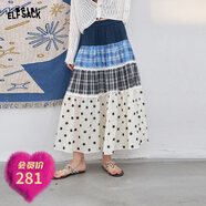 妖精的口袋重工撞色拼接波點(diǎn)半身裙女2025年夏季新款波嬉風(fēng)長(cháng)裙子 田園藍色 L