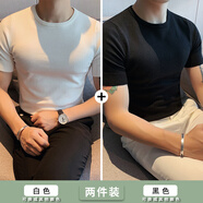 春秋圓領(lǐng)毛衣男修身韓版潮流百搭冰絲T恤半袖休閑針織短袖打底衫 白色+黑色 【實(shí)惠兩件裝】 M (100-115斤)