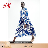 H&M女裝連衣裙2025秋季新款休閑風(fēng)圓領(lǐng)長(cháng)袖印花寬松中長(cháng)裙1263590 白色/藍色圖案 S 160/88
