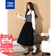 唐獅（TonLion）2023黑色條紋假兩件連衣裙女氣質(zhì)長(cháng)裙 黑色 S 