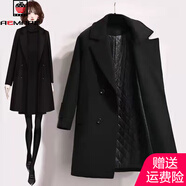 AEMAPE加棉加厚赫本風(fēng)毛呢外套女韓版中長(cháng)款2025秋冬新款小個(gè)子呢子大衣 黑色(夾棉加厚) M 建議105斤左右