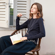 三彩2026春季新款木耳邊格子拼接長(cháng)袖打底衫T恤套頭上衣修身M