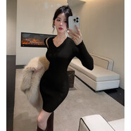 依樂(lè )琦極簡(jiǎn)V領(lǐng)御姐風(fēng)秋冬連衣褲辣妹顯瘦打底裙 黑色 均碼