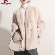 皮爾卡丹（pierre cardin）新款皮毛一體年輕寬松短款氣質(zhì)皮草水貂毛絨外套環(huán)保毛毛時(shí)尚v領(lǐng) 杏色 S 建議90--110斤