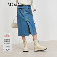 MO&Co.牛仔半身裙春秋復古高腰立體貼袋雕花金扣開(kāi)叉直筒棉質(zhì)摩安珂 牛仔藍色-第1批 XS 155