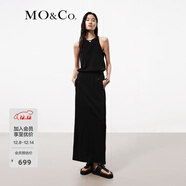 MO&Co.連衣裙夏三醋酸混紡拼接中低腰松緊腰垂墜長(cháng)線(xiàn)條削肩摩安珂 黑色 XS 155