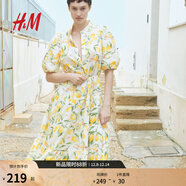H&M女裝連衣裙25秋新款收腰中式立領(lǐng)燈籠喇叭植物印花長(cháng)裙1275645 白色/檸檬 S 160/88