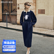 Olrain歐芮兒Polo連衣裙女裝秋季收腰趣味卡通印花衛衣裙子 藏青色 XL