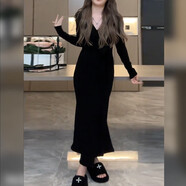 依樂(lè )琦大碼女裝交叉V領(lǐng)綁帶針織連衣裙胖MM秋冬長(cháng)袖內搭打底收腰魚(yú)尾裙 黑色連衣裙 L