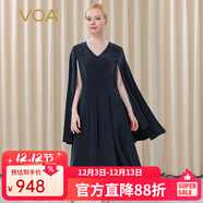 VOA100%真絲30姆米重磅V領(lǐng)荷葉邊袖順褶款斗篷式桑蠶絲連衣裙 AE386 高原藏青（A18） M
