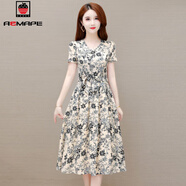 AEMAPE連衣裙2026夏季新款簡(jiǎn)約優(yōu)雅高端冰絲氣質(zhì)印花顯瘦短袖A字裙 MX-9-3049_白色連衣裙 XL 建議100-115斤