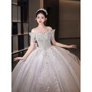 麗紗蓓兒婚紗新娘主紗2025高級感重工拖尾一字肩新款高定小個(gè)子奢華高百搭 齊地 M 均碼