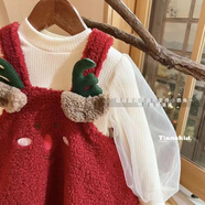NAOISKEY?腦斯基女寶寶連衣裙圣誕2025冬裝女童加絨泡泡袖打底衫兒童公主兩件套 酒紅色 套裝 80
