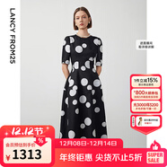 朗姿【Basic衣櫥】小香風(fēng)法式赫本風(fēng)波點(diǎn)小黑裙女收腰高智連衣裙 本白色 2XL