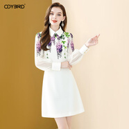 歐迪鳥(niǎo)（ODYBIRD）時(shí)尚翻領(lǐng)印花連衣裙女2025秋季新款氣質(zhì)顯瘦小個(gè)子中長(cháng)a字裙 白色 M