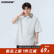 潮牌polo衫短袖T恤男士夏季2025新款潮牌寬松休閑翻領(lǐng)半袖上衣 白麻灰 M