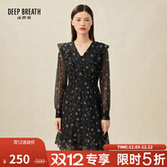 深呼吸DEEP BREATH女裝印花造型洋裝高腰雪紡連衣裙A500189 黑 M (3碼)