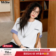 MsShe【涼感索羅娜棉拼接格紋刺繡短袖T恤】顯瘦大碼女裝2025夏裝胖mm 短袖-純白色現貨 2XL