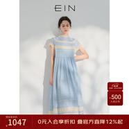 EIN【輕禮服】EIN言小黑裙中長(cháng)款絲棉短袖蕾絲連衣裙女2024夏季新款 淺藍 M