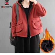 AEMAPE棉麻加絨短款棉衣外套女2025冬季文藝復古開(kāi)衫上衣寬松休閑連帽 酒紅色 XL 建議130-155斤