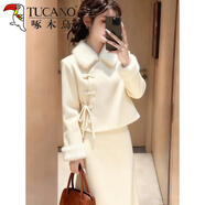 啄木鳥(niǎo)小個(gè)子新中式優(yōu)雅氣質(zhì)套裝女秋冬新款毛絨翻領(lǐng)外套半身裙兩件套潮 米白色外套+米白色半身裙 套裝 M