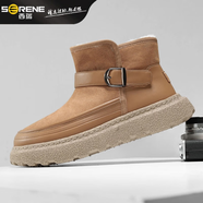 西瑞（SERENE）高檔品牌羊毛真皮雪地靴男2025新款冬季翻毛皮加絨加厚防寒大棉鞋 卡其色 加厚羊毛內里羊毛鞋墊 38 【等于運動(dòng)鞋39碼】