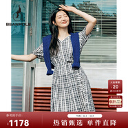 beanpole  女士?jì)?yōu)雅淑女風(fēng)格紋V領(lǐng)中長(cháng)款短袖收腰設計連衣裙 藏青色 S 160/84A