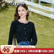 百圖betu女裝秋新款T恤圓領(lǐng)長(cháng)袖精致蝴蝶結紐扣針織T恤女2308T19 黑色 XS