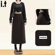 :CHOCOOLATE  it女裝毛呢半身中長(cháng)裙女冬季新款高腰a字包臀裙開(kāi)叉直筒一步裙 咖色 S
