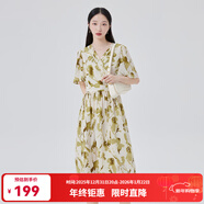 艾萊依商場(chǎng)同款印花裙中長(cháng)款法式碎花清新質(zhì)感連衣裙收腰夏季女長(cháng)裙 綠底色花 S 155/62A
