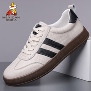 稻草人（MEXICAN）牛皮冬季透氣休閑皮鞋真皮小白鞋運動(dòng)潮流男士板鞋 米白色 38  標準皮鞋尺碼
