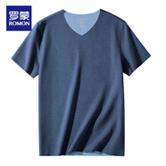 羅蒙280g羊毛桑蠶絲男士保暖貼身無(wú)縫V領(lǐng)短袖t恤2025秋冬天鵝絨底上衣 羊毛桑蠶絲-藏青 XL 【135-150斤】修身