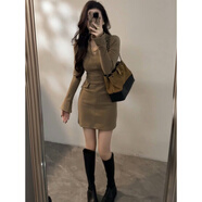 依樂(lè )琦法式V領(lǐng)假口袋連衣裙女秋冬顯瘦包臀短裙御姐純欲 奶咖色 S 【建議80-100斤】