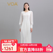 VOA真絲喬其紗茶白圓領(lǐng)釘珠隱形側拉襯衫袖釘珠中長(cháng)款連衣裙 AE1198 浣溪紗-茶白（W17） L