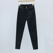 歐貨潮流高腰修身牛仔褲2024新款冬季抓絨顯瘦鉛筆褲女時(shí)尚小腳褲 黑色 28 28