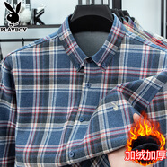 花花公子（PLAYBOY）加絨加厚襯衫男士秋冬季免燙羊毛長(cháng)袖襯衣中青年格子男裝保暖上衣 藍紅格33502 加絨 加厚 38 建議90-110斤