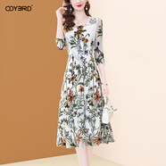 歐迪鳥(niǎo)（ODYBIRD）高級感重工刺繡連衣裙2025秋季新款氣質(zhì)優(yōu)雅修身鑲鉆網(wǎng)紗裙子 白色 S