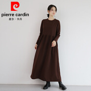 皮爾卡丹（pierre cardin）長(cháng)袖連衣裙秋冬季韓版新款氣質(zhì)長(cháng)裙女純色圓領(lǐng)寬松大裙擺過(guò)膝高腰 1208亂麻長(cháng)袖裙咖啡 M 建議體重80-120斤