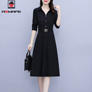 AEMAPE黑色過(guò)膝洋氣質(zhì)連衣裙2025春秋新款女裝時(shí)尚高腰洋氣簡(jiǎn)約A字裙子 MX-7-3001_黑色 M _建議85-110斤
