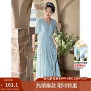 茵曼（INMAN）法式薄荷曼波連衣裙2024夏女裝新品V領(lǐng)燈籠袖抽繩 紺藍色 S